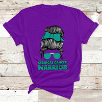 Cervical Cancer Warrior Messy Bun Teal Ribbon T Shirt - Wonder Print Shop