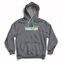 Charcoal gray hoodie with hood, white drawstrings, HOOLIGAN clover chest graphic, front kangaroo pocket