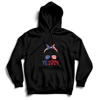 Black hoodie with front pocket, drawstring hood, and “YE 2024” messy-bun graphic