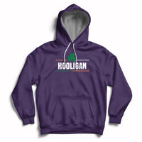Purple hoodie with hood, white drawstrings, HOOLIGAN clover chest graphic, front kangaroo pocket