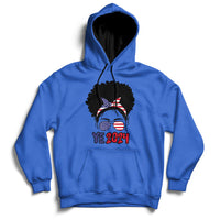 Blue hoodie with front pocket, drawstring hood, and “YE 2024” messy-bun graphic