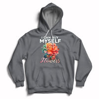 Navy hoodie with rose graphic and 'I CAN BUY MYSELF' plus 'Flowers' print.