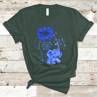 Forest green T-shirt with blue elephant graphic, sunflower, and ribbon awareness design