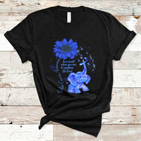 Black T-shirt with blue elephant graphic, sunflower, and ribbon awareness design