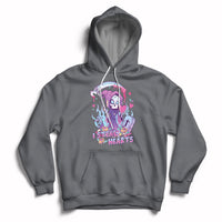 Charcoal gray graphic hoodie with skull and heart design, pullover hood, and front kangaroo pocket
