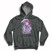 Dark gray graphic hoodie with skull and heart design, pullover hood, and front kangaroo pocket
