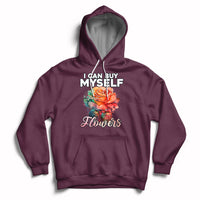 Maroon hoodie with rose graphic and 'I CAN BUY MYSELF' plus 'Flowers' print.