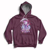 Maroon graphic hoodie with skull and heart design, pullover hood, and front kangaroo pocket