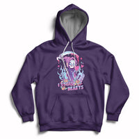 Purple graphic hoodie with skull and heart design, pullover hood, and front kangaroo pocket