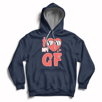 Navy pullover hoodie with red heart GF graphic and hood