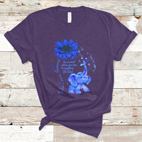 Purple T-shirt with blue elephant graphic, sunflower, and ribbon awareness design