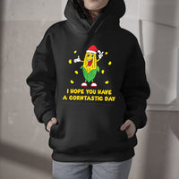 Black pullover hoodie with front pocket and corn character graphic, corntastic day text
