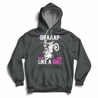 Charcoal women's motocross hoodie with drawstring hood and 'Braaap Like a Girl' graphic