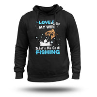 Black pullover hoodie with fishing graphic and slogan-style front print