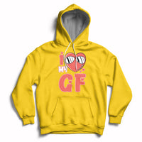 Yellow pullover hoodie with red heart GF graphic and hood