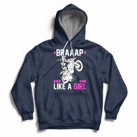 Navy women's motocross hoodie with drawstring hood and 'Braaap Like a Girl' graphic