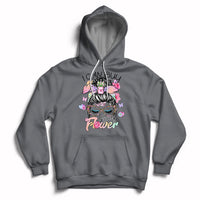 Charcoal gray pullover hoodie with floral self-love graphic and front pocket