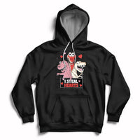 Black hoodie with front pocket, drawstring hood, and skeleton Valentine hearts graphic
