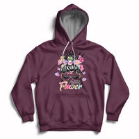 Maroon pullover hoodie with floral self-love graphic, hood, and front pocket