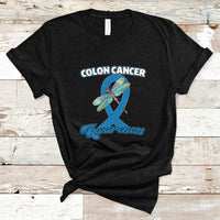 Black colon cancer awareness T-shirt with dragonfly over blue ribbon graphic