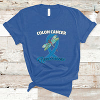 Royal blue colon cancer awareness T-shirt with dragonfly over blue ribbon graphic