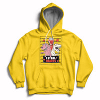Yellow hoodie with front pocket, drawstring hood, and skeleton Valentine hearts graphic
