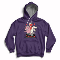 Purple hoodie with front pocket, drawstring hood, and skeleton Valentine hearts graphic