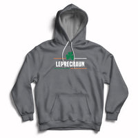 Charcoal pullover hoodie with clover graphic and 'Leprechaun' text on chest