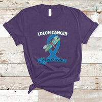 Purple colon cancer awareness T-shirt with dragonfly over blue ribbon graphic