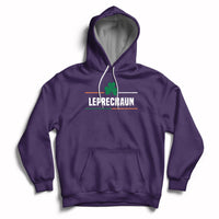 Purple pullover hoodie with clover graphic and 'Leprechaun' text on chest