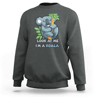 Dark heather crewneck sweatshirt with koala graphic and 'LOOK AT ME I'M A KOALA' text