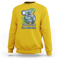Daisy yellow crewneck sweatshirt with koala graphic and 'LOOK AT ME I'M A KOALA' text