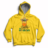 Yellow hoodie with hood and kangaroo pocket; “Howdy Go Lucky” cowboy-hat shamrock design