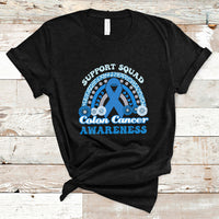 Black t-shirt with Support Squad Colon Cancer Awareness text and blue awareness ribbon graphic.