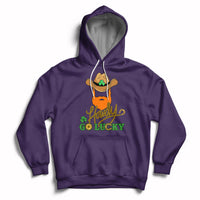 Purple hoodie with hood and kangaroo pocket; “Howdy Go Lucky” cowboy-hat shamrock graphic