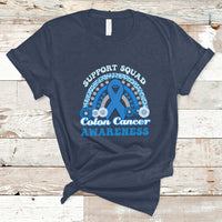 Navy t-shirt with Support Squad Colon Cancer Awareness text and blue awareness ribbon graphic.