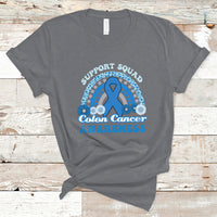 Charcoal t-shirt with Support Squad Colon Cancer Awareness text and blue awareness ribbon graphic.