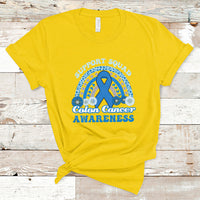 Daisy yellow t-shirt with Support Squad Colon Cancer Awareness text and blue awareness ribbon graphic.