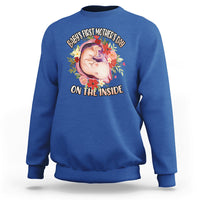 Boy's royal blue sweatshirt with floral “Baby’s First Mother’s Day on the inside” graphic