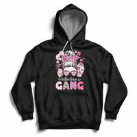 Black pullover hoodie with front 'Galentines Gang' graphic and heart-themed girl face print
