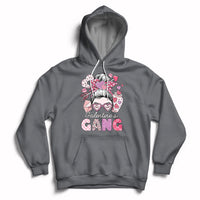 Charcoal gray pullover hoodie with front 'Galentines Gang' graphic and heart-themed girl face print