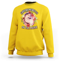 Boy's daisy yellow sweatshirt with floral “Baby’s First Mother’s Day on the inside” graphic
