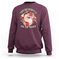 Boy's maroon sweatshirt with floral “Baby’s First Mother’s Day on the inside” graphic