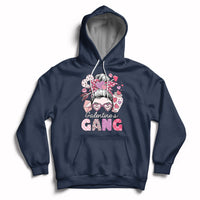 Navy pullover hoodie with front 'Galentines Gang' graphic and heart-themed girl face print