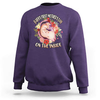 Boy's purple sweatshirt with floral “Baby’s First Mother’s Day on the inside” graphic