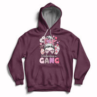 Maroon pullover hoodie with front 'Galentines Gang' graphic and heart-themed girl face print