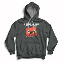 Dark heather hoodie with front pocket, hood drawstrings, and dog on sofa graphic