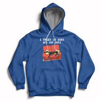 Royal blue hoodie with front pocket, hood drawstrings, and dog on sofa graphic