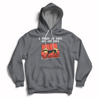 Charcoal hoodie with front pocket, hood drawstrings, and dog on sofa graphic