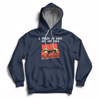 Navy hoodie with front pocket, hood drawstrings, and dog on sofa graphic